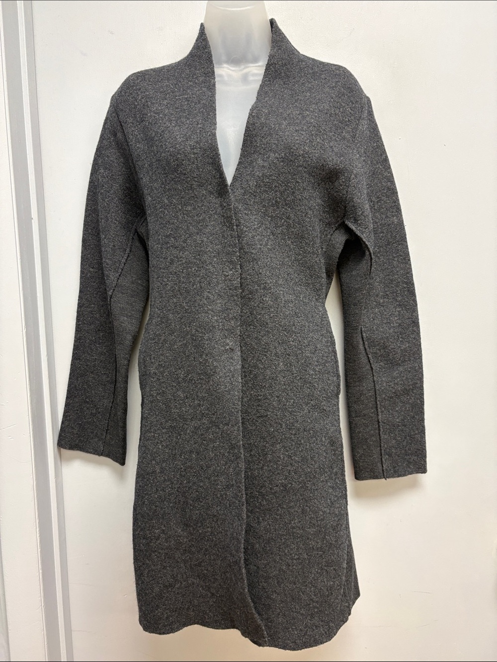 Eileen Fisher 100% Wool Charcoal Gray Long Cardigan Coat Size Small